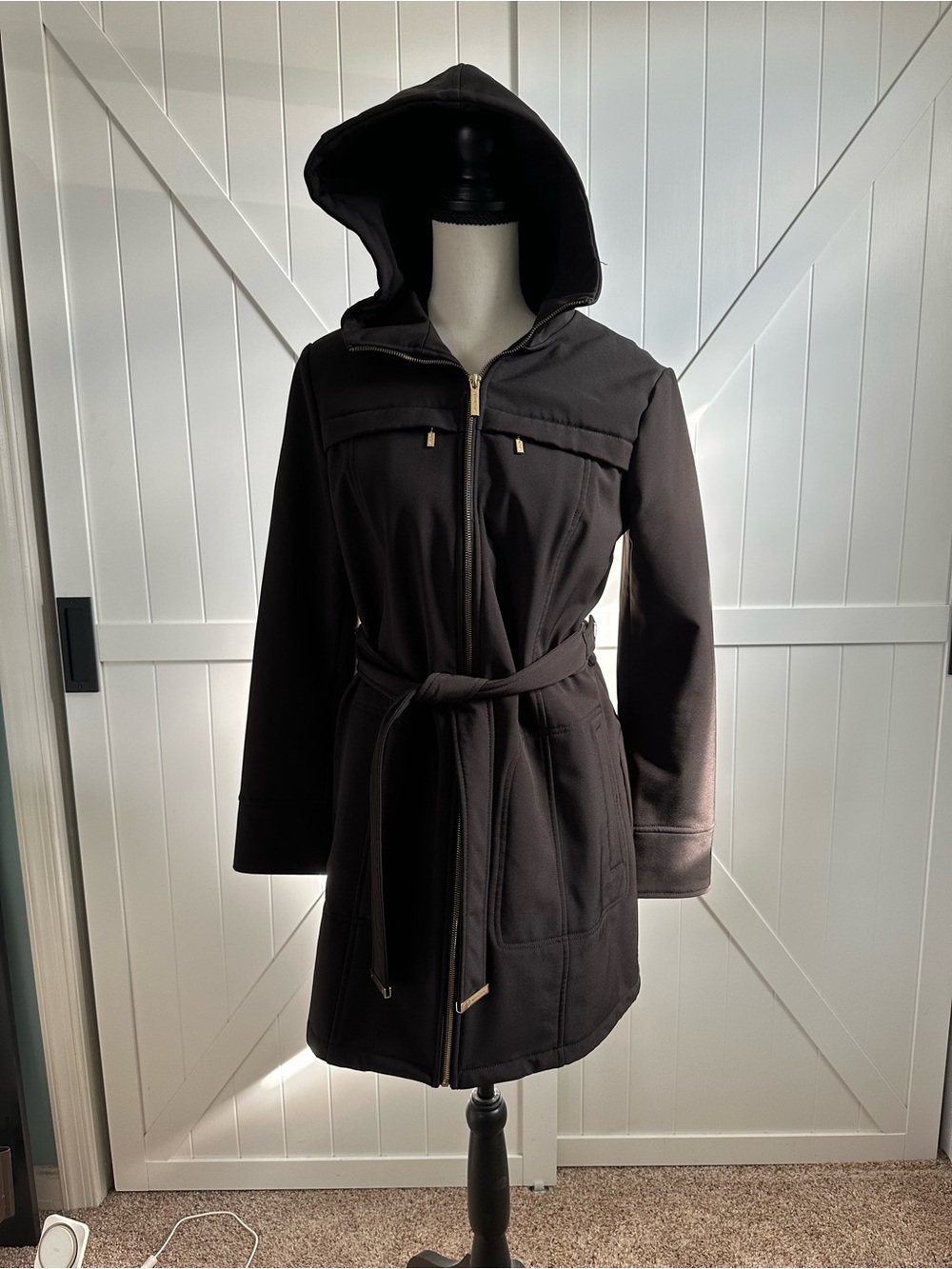 Michael Kors Black Hooded Belted Softshell Coat Jacket Gold Hardware S